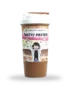 Protein shake cup labeled 'TASTY! PROTEIN' with cartoon character raising arms, white lid and brown base imagery